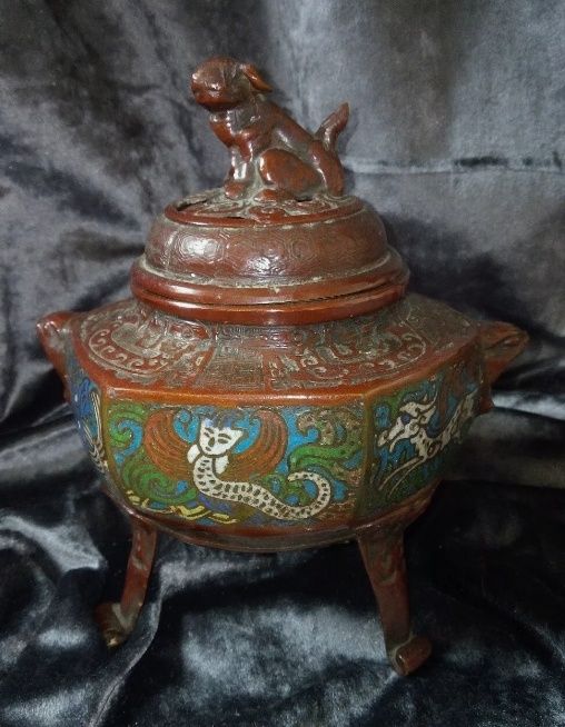 Antique Chinese Cloisonne Incense Burner with Foo Dog