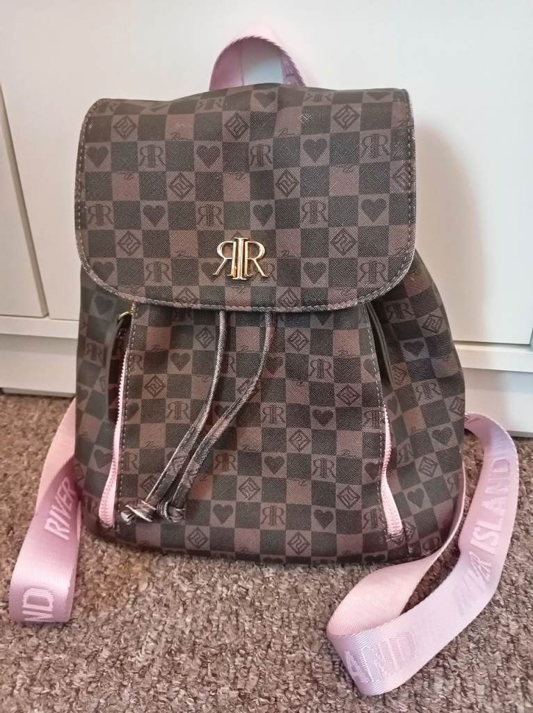 River Island girls brown heart monogram backpack