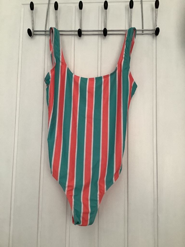New Striped One-Piece Swimsuit - Coral & Teal - Size 10
