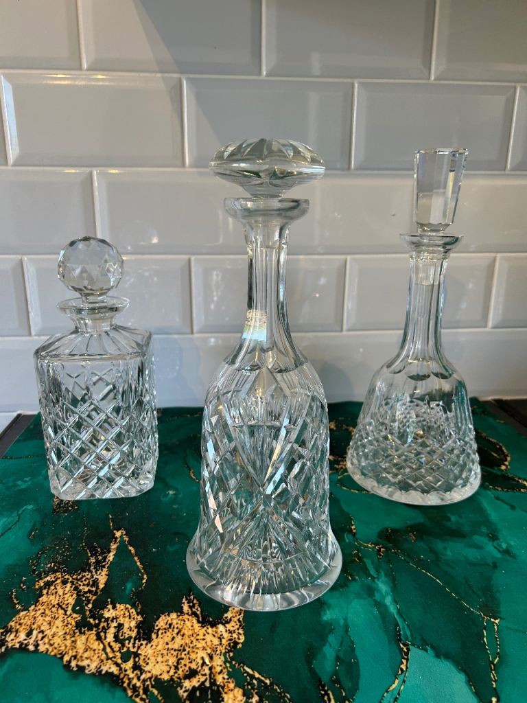 Set of 3 Cut Glass Crystal Decanters with Stoppers