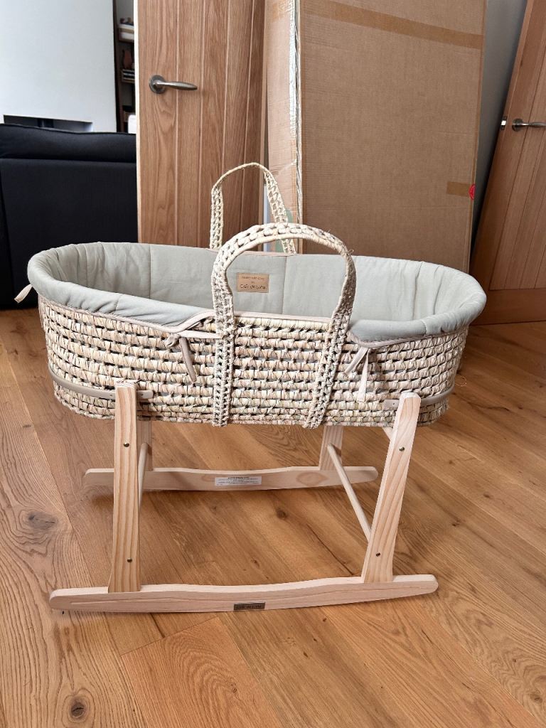 Clair de Lune Organic Palm Moses Basket with Natural Rocking Stand 75 x 28cm Sage Green