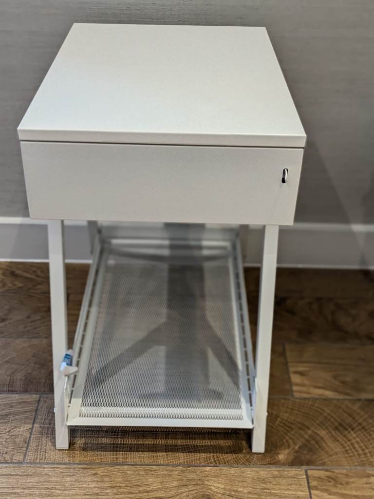 White Metal Side Table with Drawer and Mesh Shelf