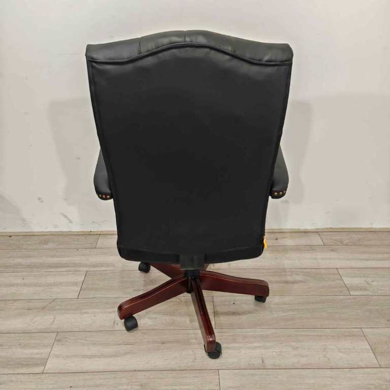 BOXED Executive Operator Chair, Adjustable, Black Leather, Walnut Swivel Base