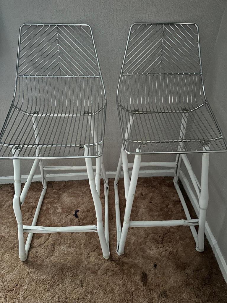 Pair of Modern Silver Metal Bar Stools