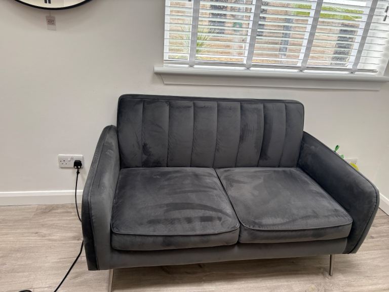 NEXT grey velour 2 seater sofa with chrome legs 