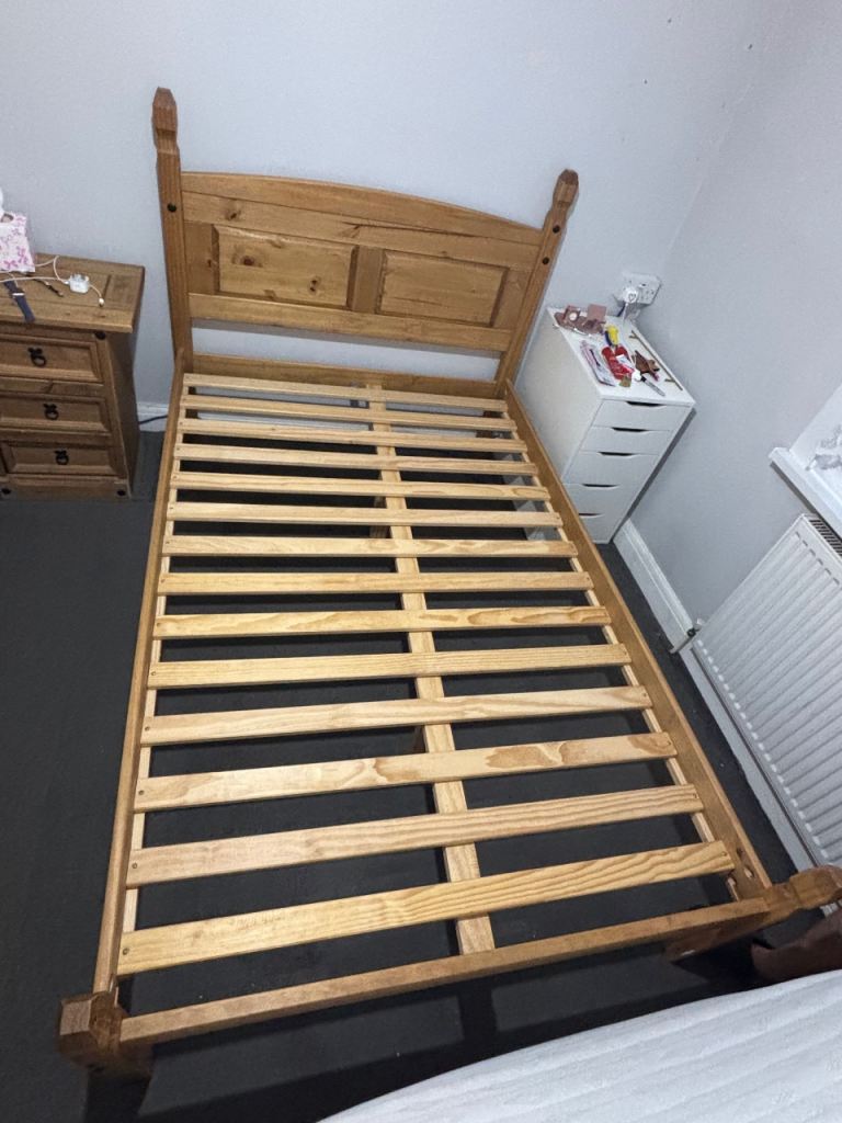 Pine wood small double bed and bedside table