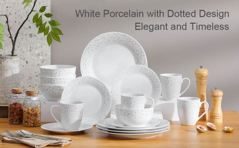 image for Polka Dots Porcelain Dinner Set for 4 - Bowls, Mugs, Plates Gift Set