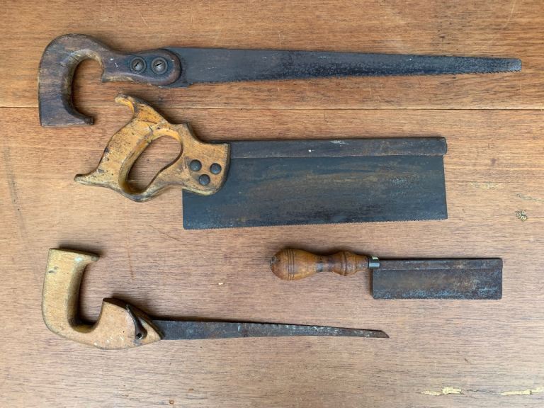 Vintage Carpenter's Saws Wooden Handles Natural Time Ageing Great Display Delivery Or Postage