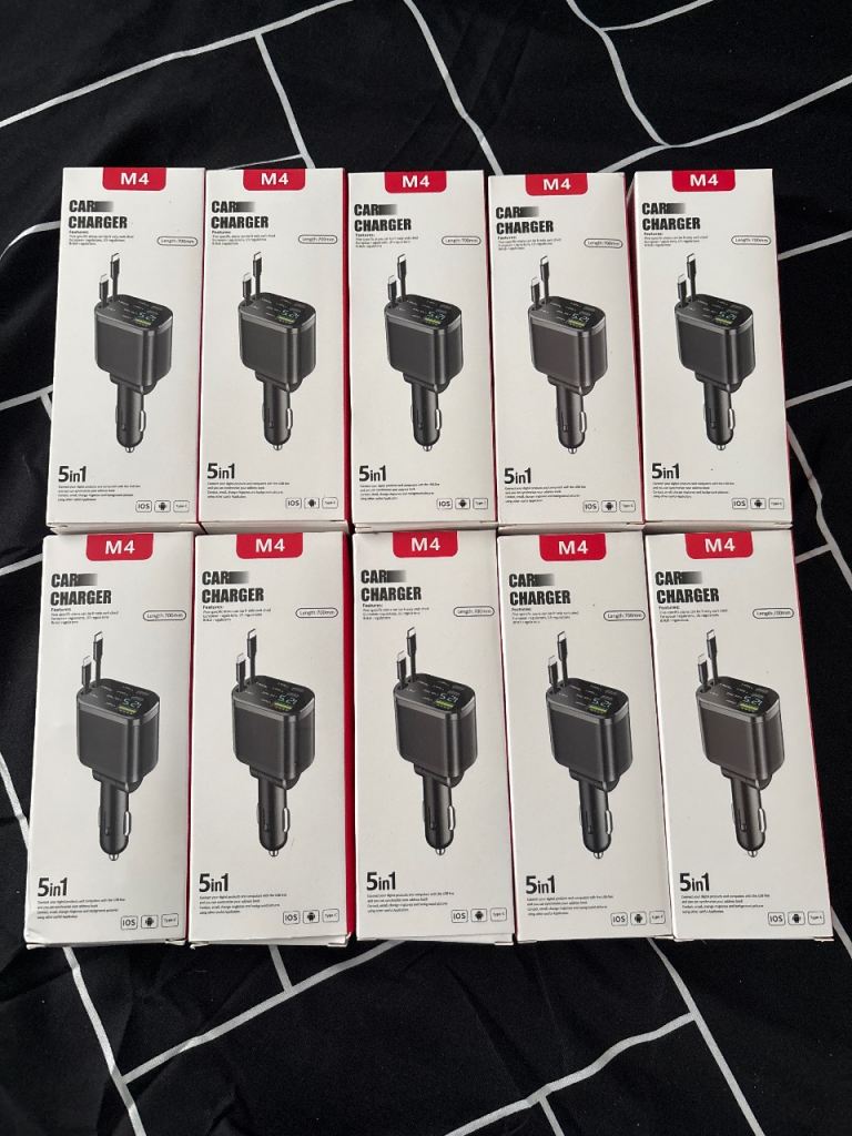 5-in-1 Fast Car Charger M4 USB & Type-C Multi Device Charging 12-24V