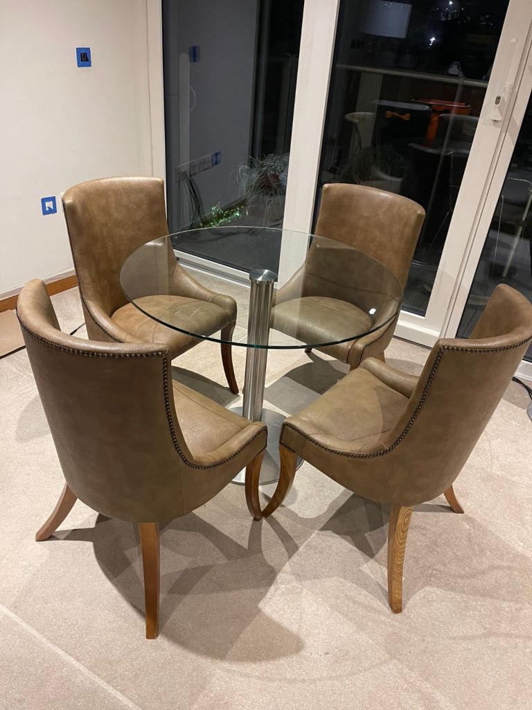 FREE DELIVERY Round Glass Dining Table Set with 4 leather Chairs, in good condition.