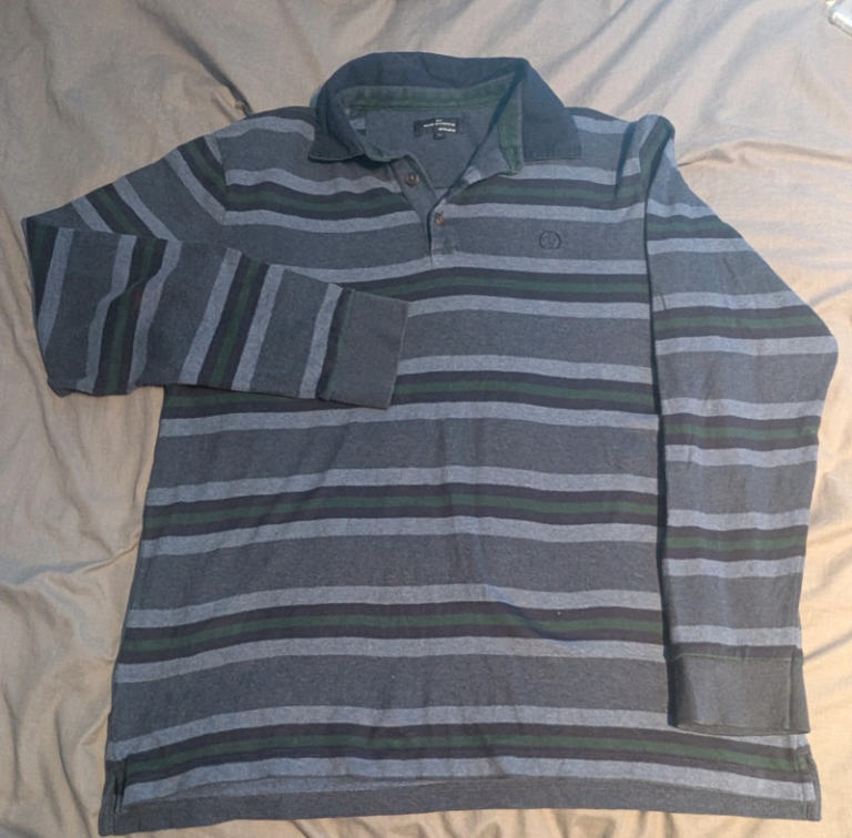 Blue Harbour Mens Long Sleeve Polo Shirt Large Grey Green Striped Rugby 00058