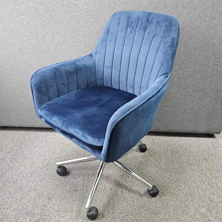 Conference Chair, Adjustable, Blue Velvet, Chrome Swivel Base