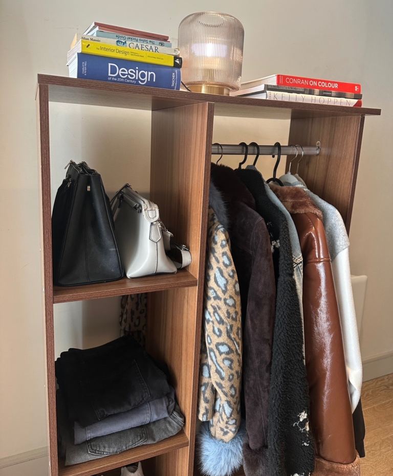 Walnut finish Wardrobe Canvas Rail Shelving Cupboard with wheels 