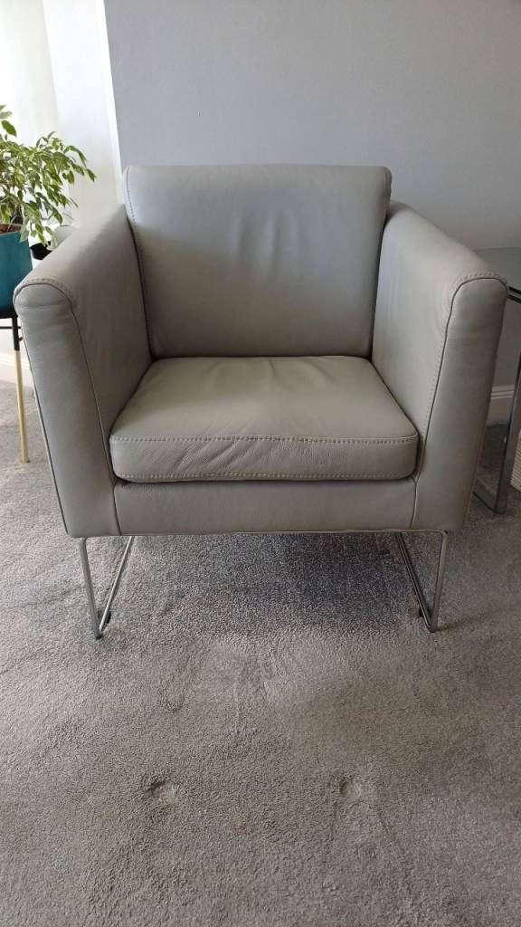 Grey Leather Armchair with Chrome Legs – Good Condition
