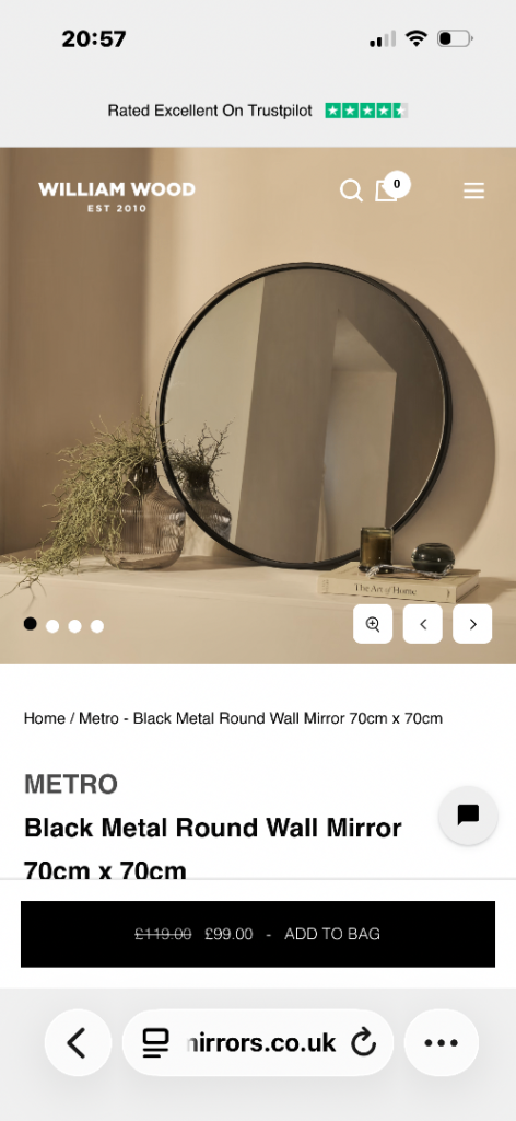 William Wood Metro 70cm Black Metal Round Wall Mirror