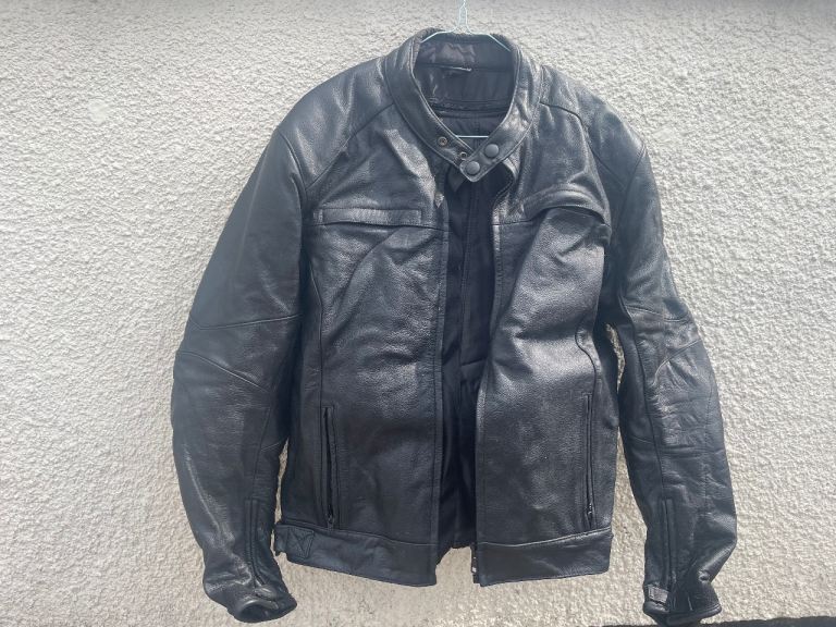 Motorcycle leather jacket, waterproofs and helmets