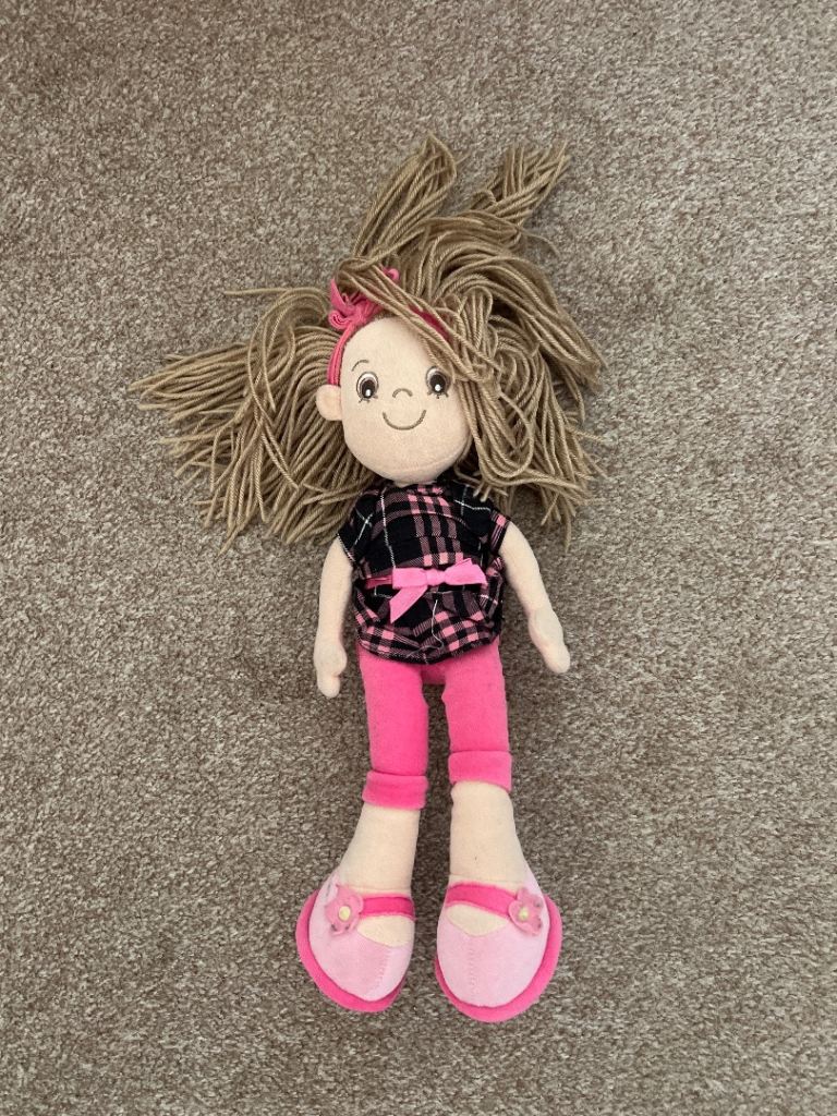 Cute Fabric Rag Doll with Pink Outfit – Good Condition