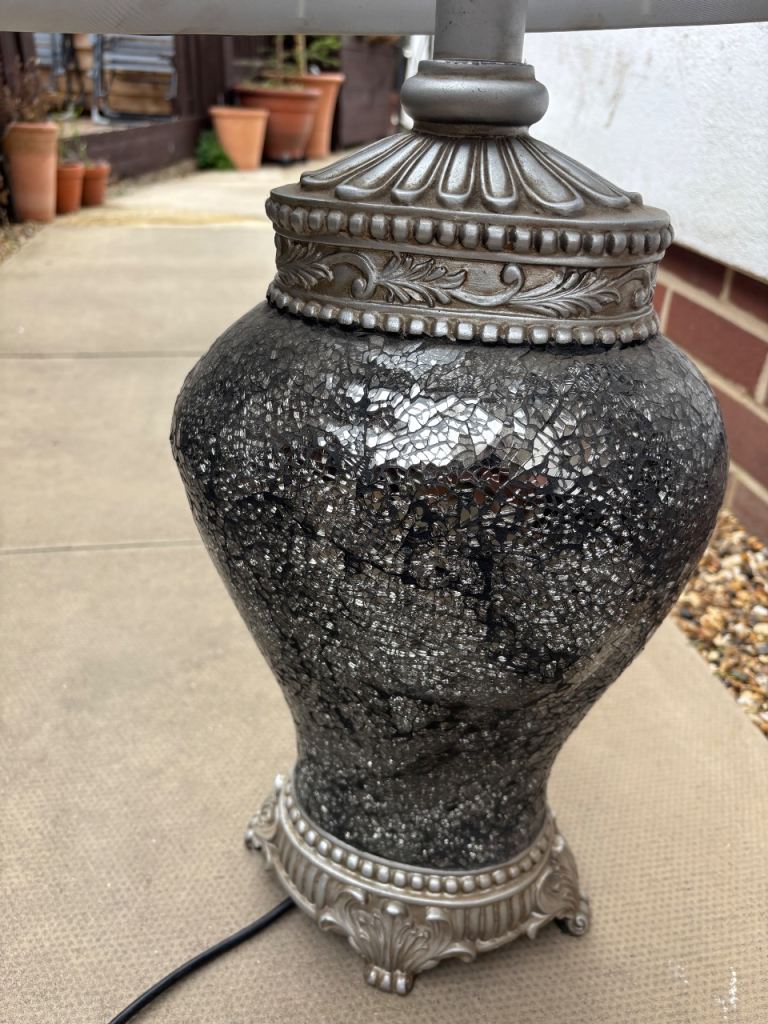 Silver Mosaic Table Lamp with Grey Shade – Needs Repair