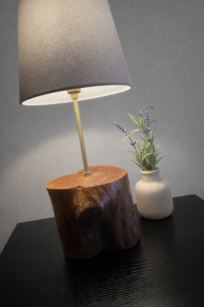 Handmade Wooden Lamp – Natural Log Base with Rustic Grey Shade