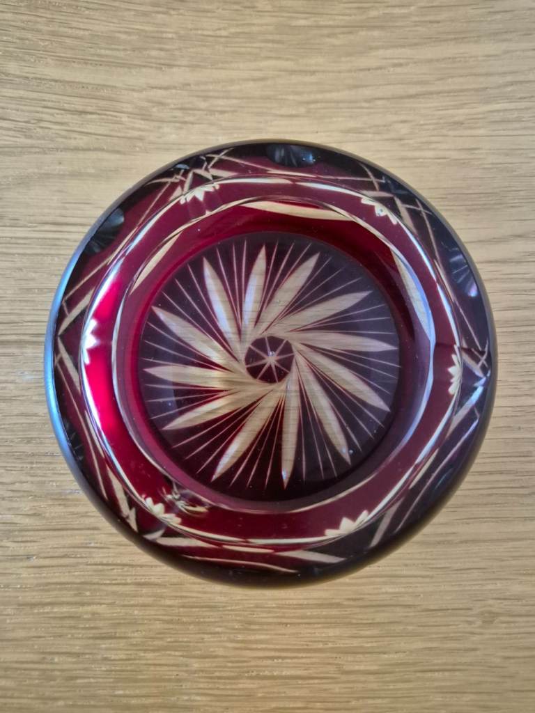 Vintage Bohemian Ruby Red Burgundy Cut Glass Ashtray Art deco in excellent condition