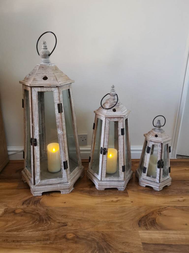 Main Option: Stunning Rustic Wooden Lantern Set (75cm, 55cm, 40cm) with LED Candles