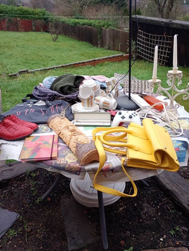 Car boot job lot including folding bed, x box controllers, retro crockery MidWinter 