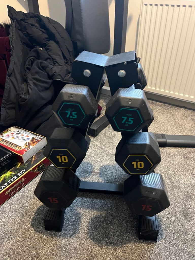 Hex dumbells plus stand and ez curl bar