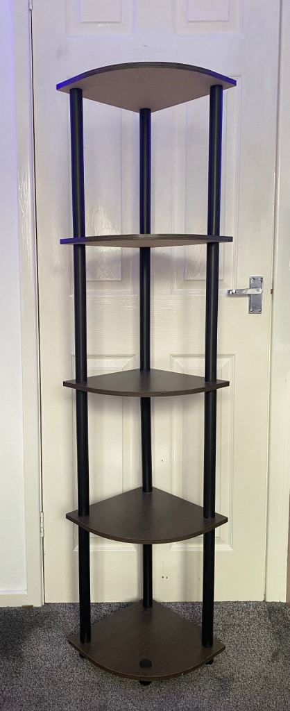 5 Tier Corner Display Rack Multipurpose Shelving Unit, Black and dark brown 