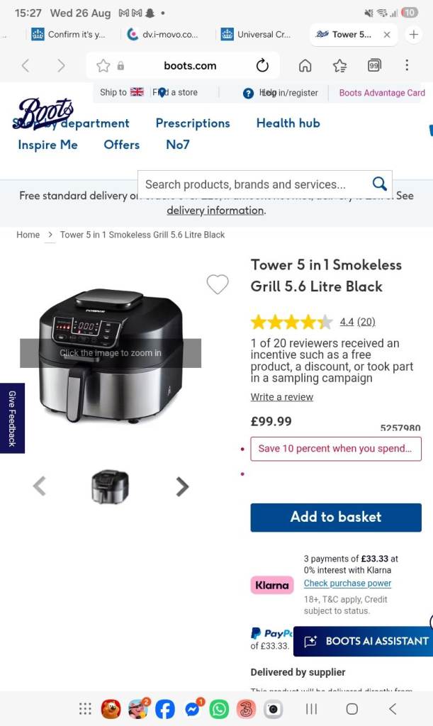 NEW Tower 5 in 1 Smokeless Grill 5.6 Litre Black