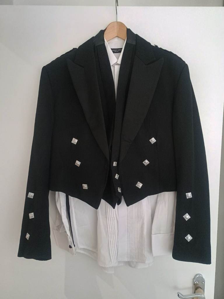 Men's Black Prince Charlie Kilt Jacket Waistcoat Shirt Size 40R 40 Regular 100% Wool
