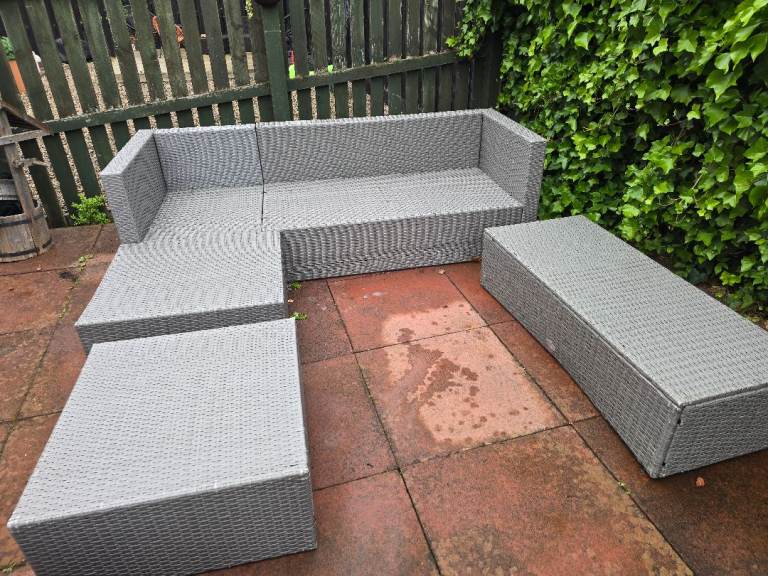Grey Rattan Corner Sofa Set with Coffee Table & Footstool