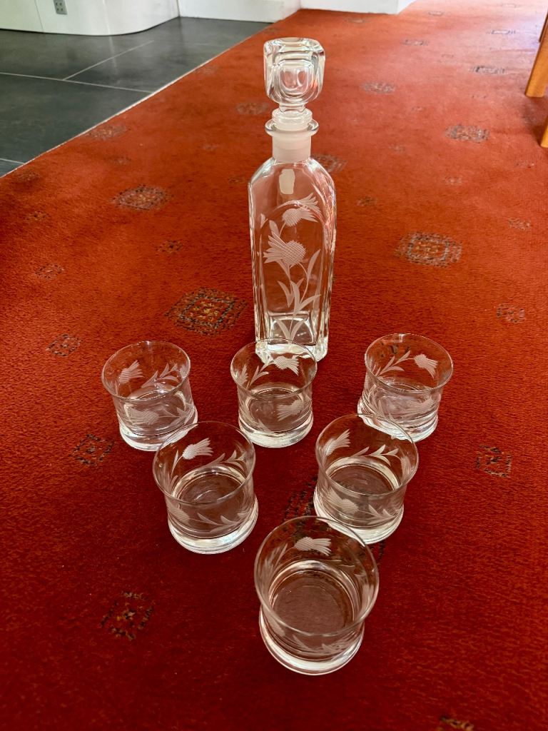 Gleneagles Crystal Decanter & 6 Glasses – Hand Cut, As New