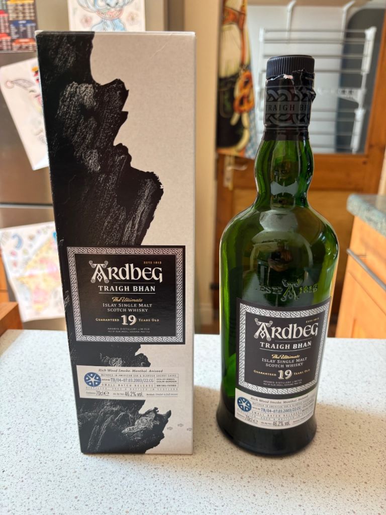 Ardbeg Traigh bhan 19 Years Old empty whisky bottle and box