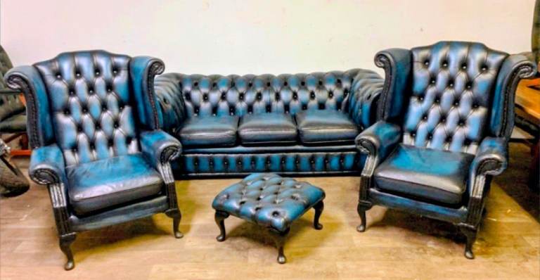 Blue Leather Chesterfield Sofa, Two Armchairs & Matching Footstool Set - Almost New!