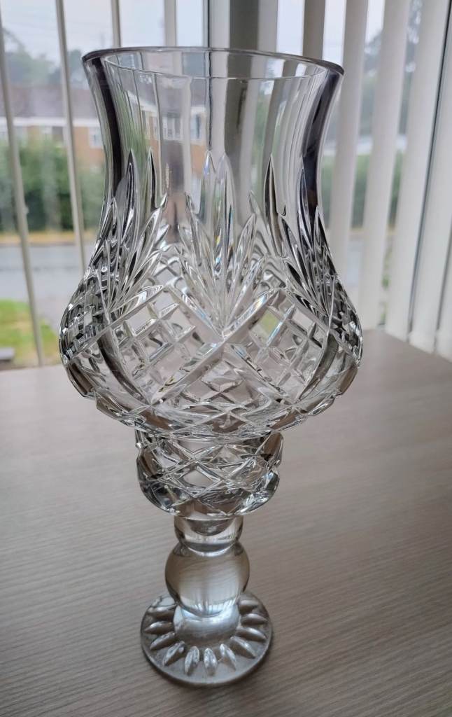 A lovely vintage Clear Crystal Large Tall Hurricane Candle Lamp Holder
