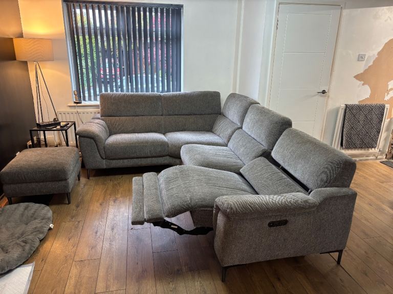 Grey Corner Sofa with Recliner and Storage Footstool – Good Condition