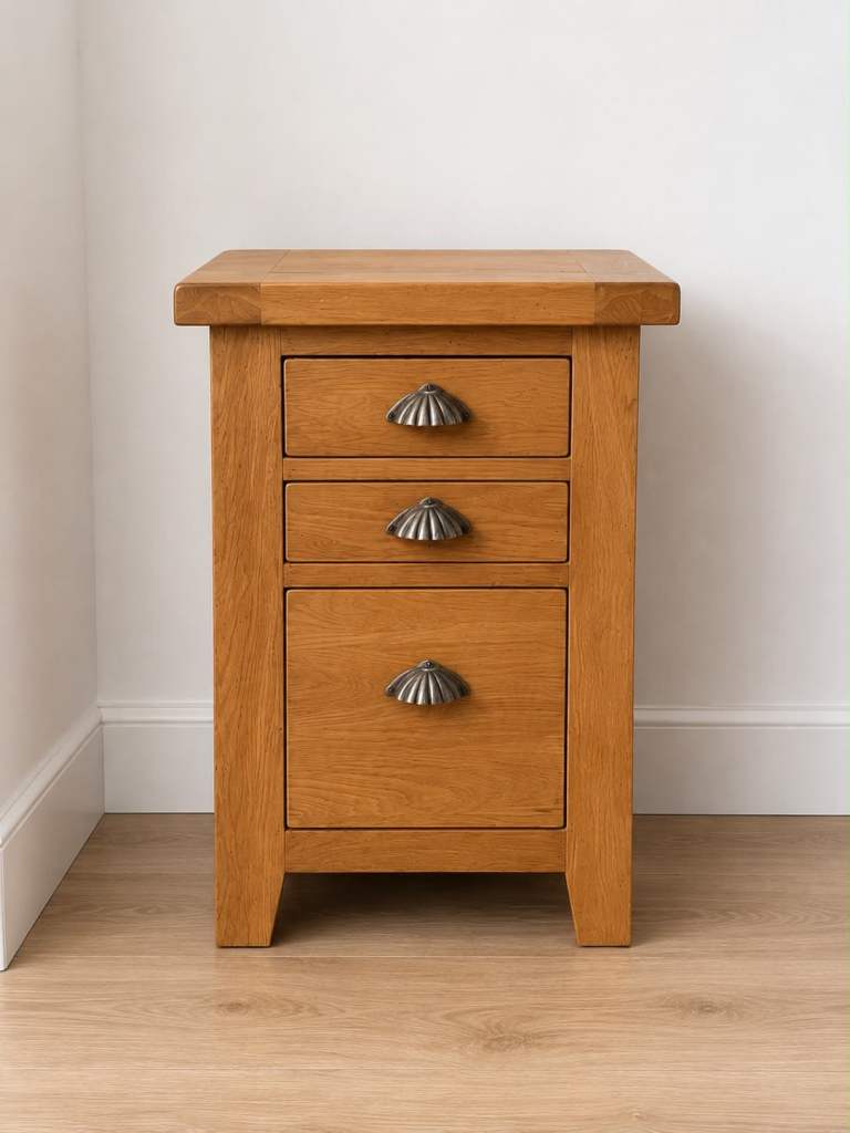 Solid Oak Bedside Table with 3 Drawers – Good Condition