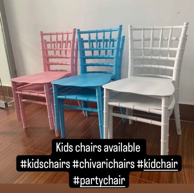chiavari children’s kids party chairs white pink blue tables 