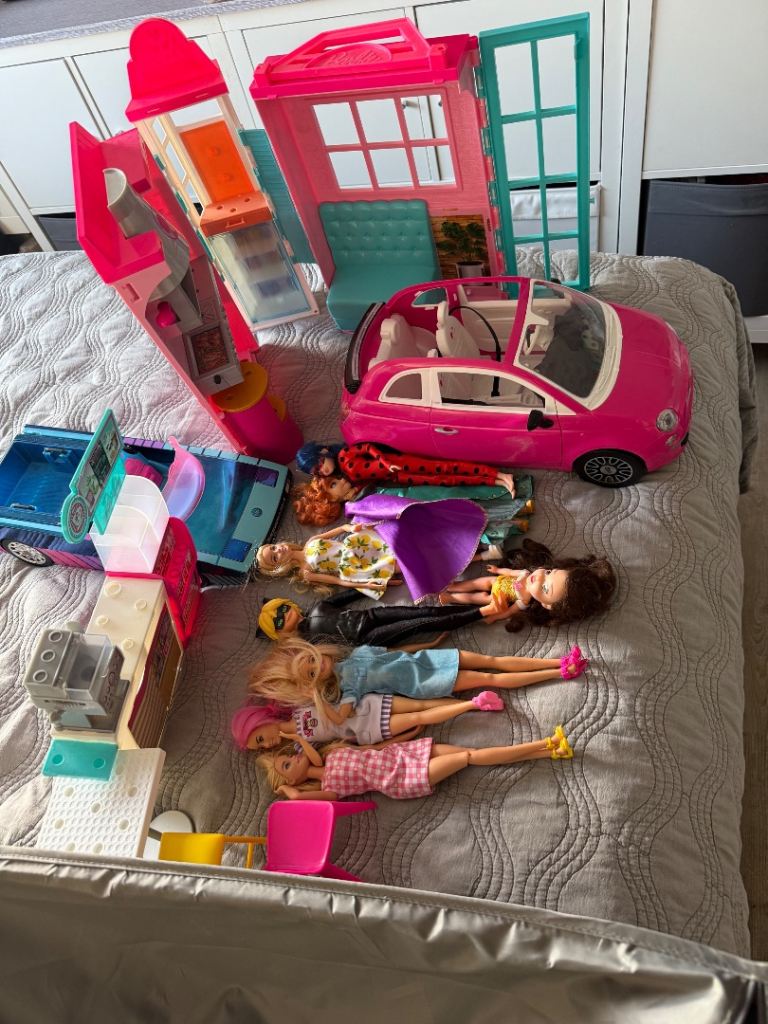 Barbie stuff as pics cars x2/ kitchen/ dolls etc exc cons 