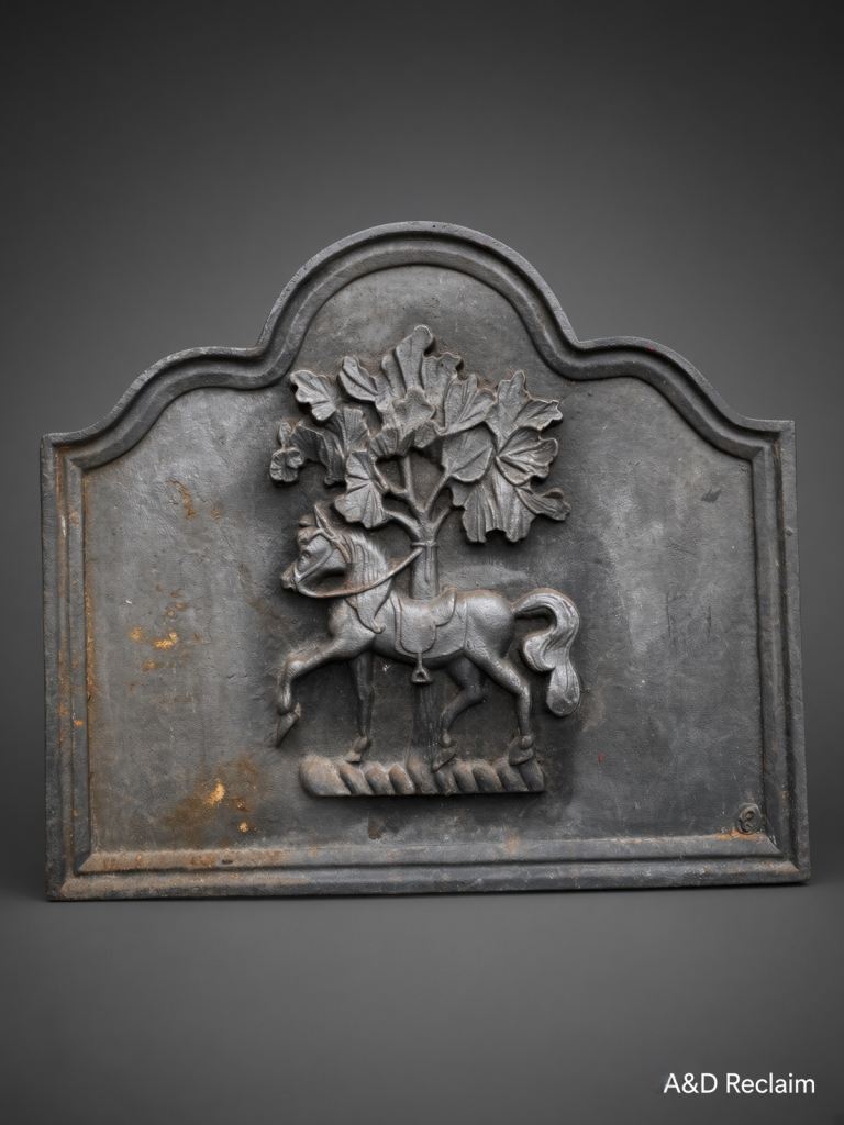 Vintage Heavy Duty Cast Iron Fireback with Horse and Tree Design