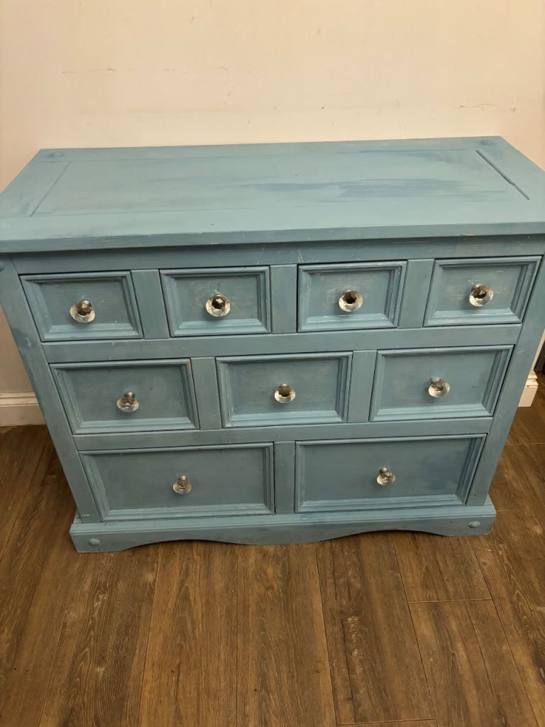Blue Chest of Drawers with Glass Knobs – Good Condition