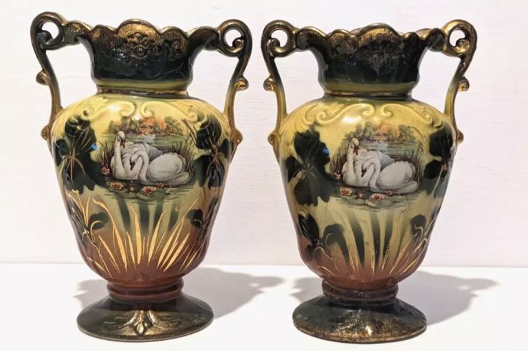 Antique Pair Of Victorian Ornate Mantle Vases - Swan / Swans Scene
