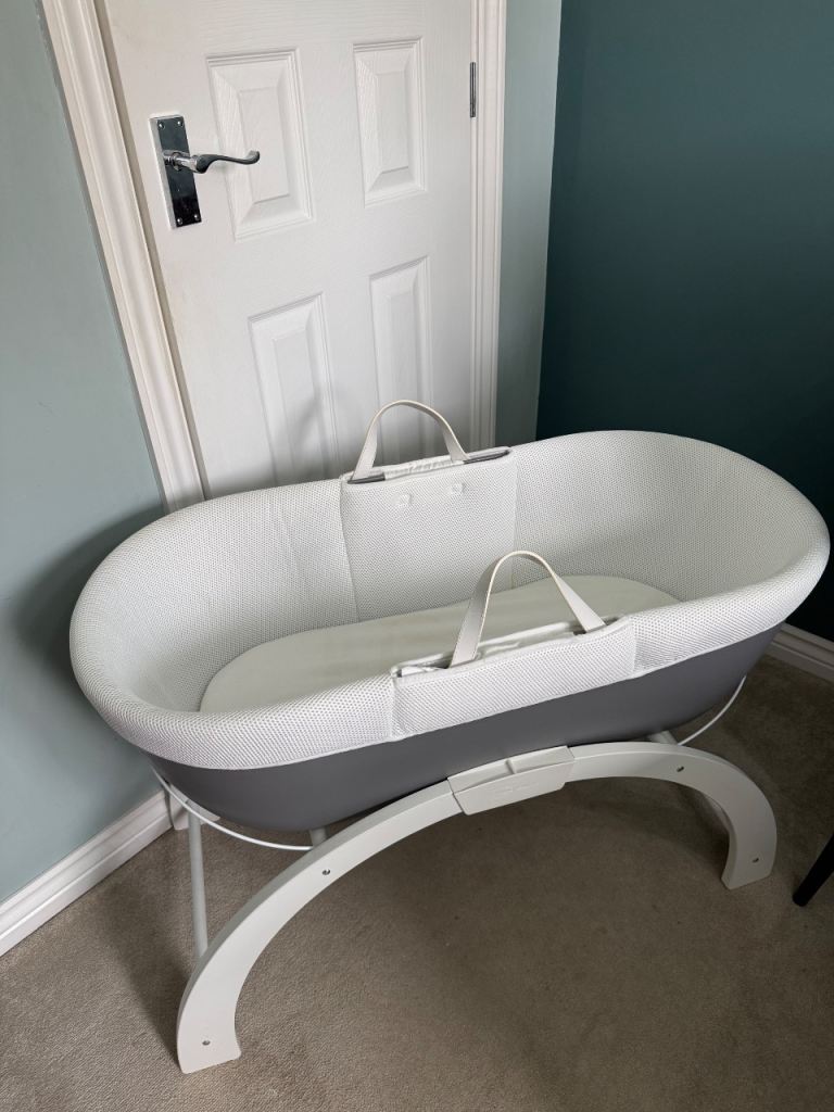 Baby Bassinet with Rocking Stand – Grey and White, As Good As New