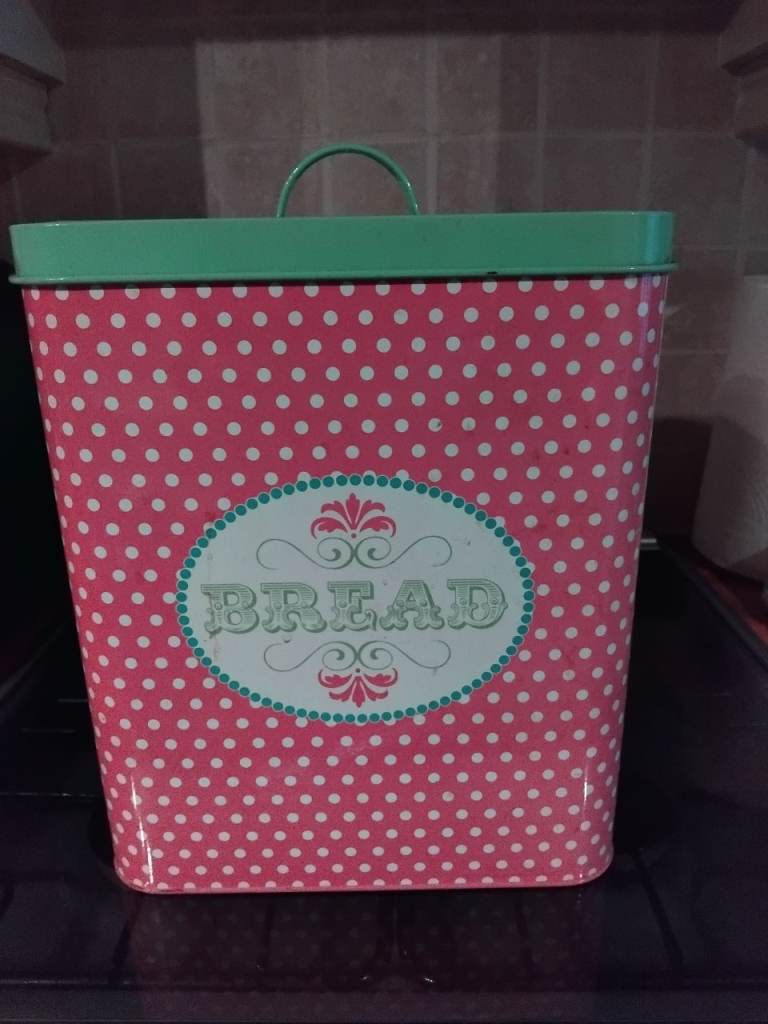 Bread Bin with green lid and pink with Dots!
