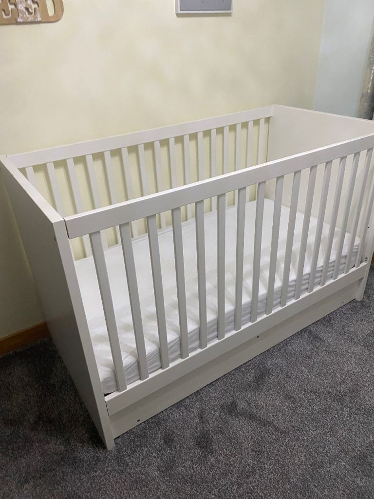 IKEA Cot bed, 174cm x 74cm and mattress, 170cm x 70cm x 12cm deep. x