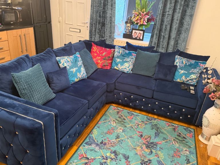 Beautiful blue velvet corner sofa 