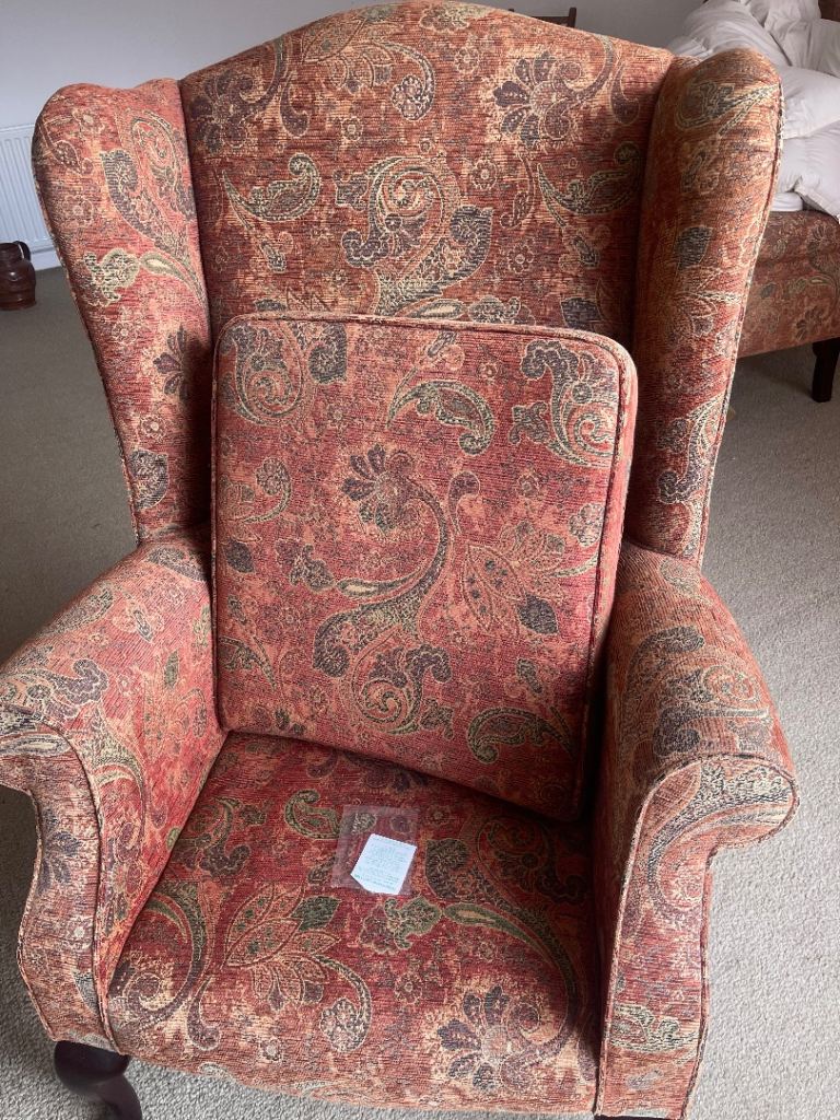 Wingback Armchair – Red Paisley Fabric, Good Condition