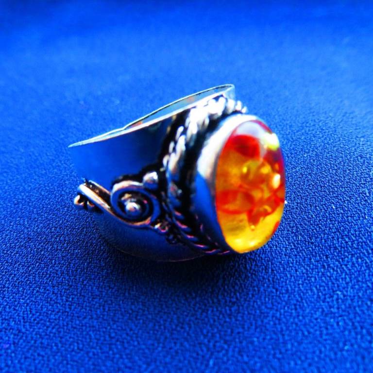 Lady's Pressed Amber, Silver Overlay Engraved Ring, Size - 9