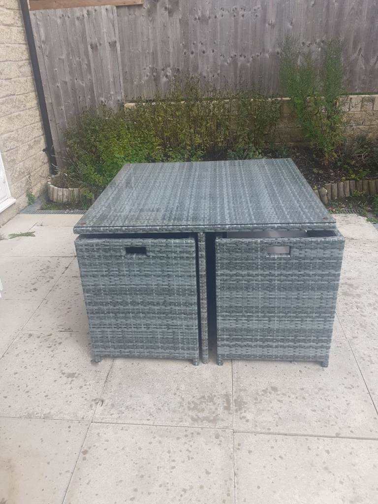 Rattan Garden Table and Chairs Set – Grey, Good Condition
