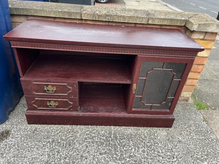 Wooden TV Unit with Drawers and Glass Door – Fair Condition - free